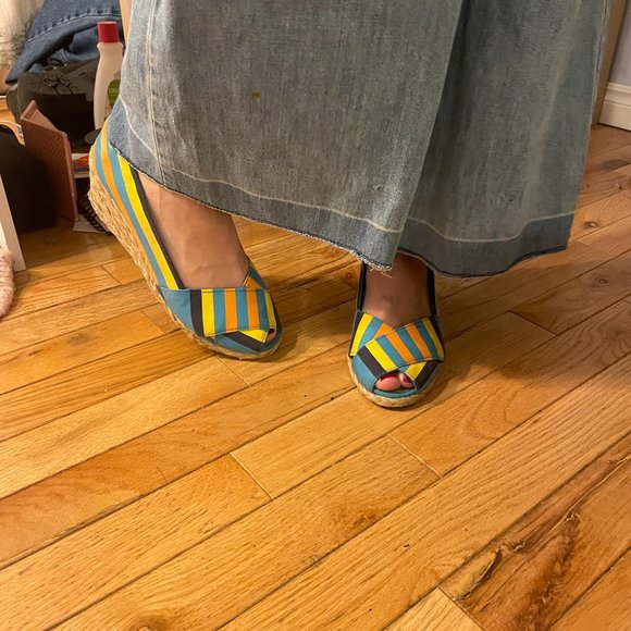 1970s style Y2K ralph lauren striped peep toe wedges! - Picture 7 of 14